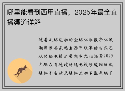 哪里能看到西甲直播，2025年最全直播渠道详解